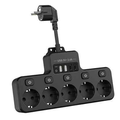 9-in-1 Power Strip with 5 AC Outlets and 4 USB Ports (2 Type-C) - 16A, 10 cm Short Cable, Individual Switch Control
