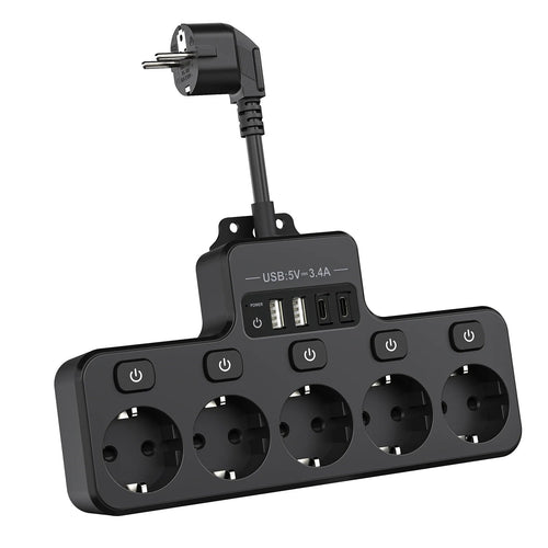 9-in-1 Power Strip with 5 AC Outlets and 4 USB Ports (2 Type-C) - 16A, 10 cm Short Cable, Individual Switch Control