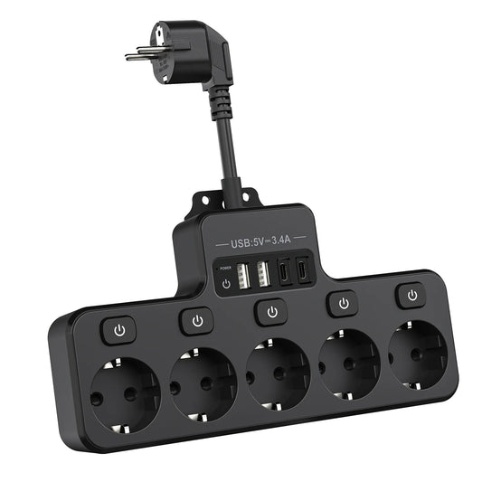 9-in-1 Power Strip with 5 AC Outlets and 4 USB Ports (2 Type-C) - 16A, 10 cm Short Cable, Individual Switch Control