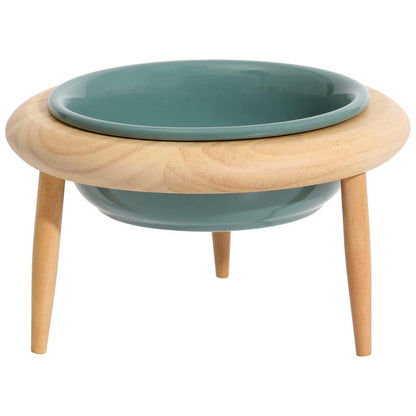 Ceramic Cat Bowl with Wooden Stand - Elevated Design