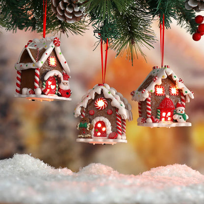 Handmade LED Gingerbread House Ornament – Illuminated Christmas Decor with Santa, Snowman, and Candy Canes
