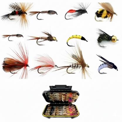 32-112 Piece Fly Fishing Lure Collection - Dry and Wet Flies with Box