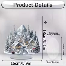 Acrylic Christmas Ornament - Snow Village with Reindeer Scene - Flat 2D Design