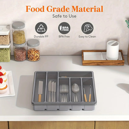 Cutlery Organizer with Lid | 6 Compartments | PP Plastic | 32x30x5.4 cm