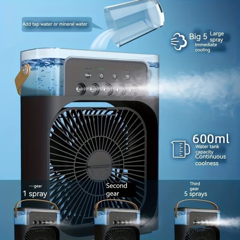 Compact Air Cooler for Home and Office - 3-Speed Hydrocooling Fan with 5 Humidifier Spray Heads