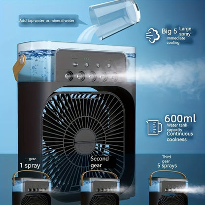 Compact Air Cooler for Home and Office - 3-Speed Hydrocooling Fan with 5 Humidifier Spray Heads