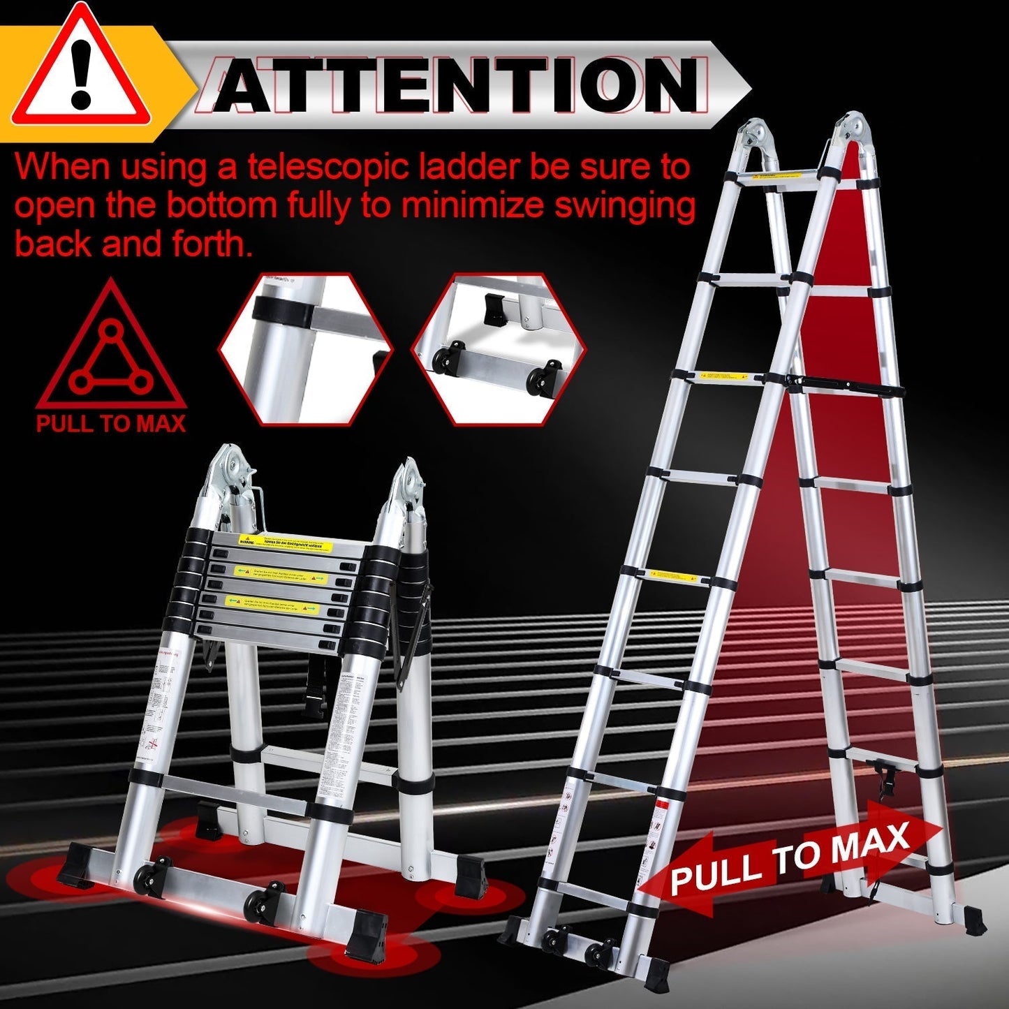 Folding Telescopic Ladder 5M with Wheels and Triangle Stabilizer