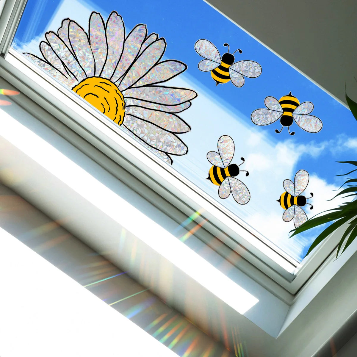 Bee and Sunflower Window Sticker | Rainbow Effect | Electrostatic PVC