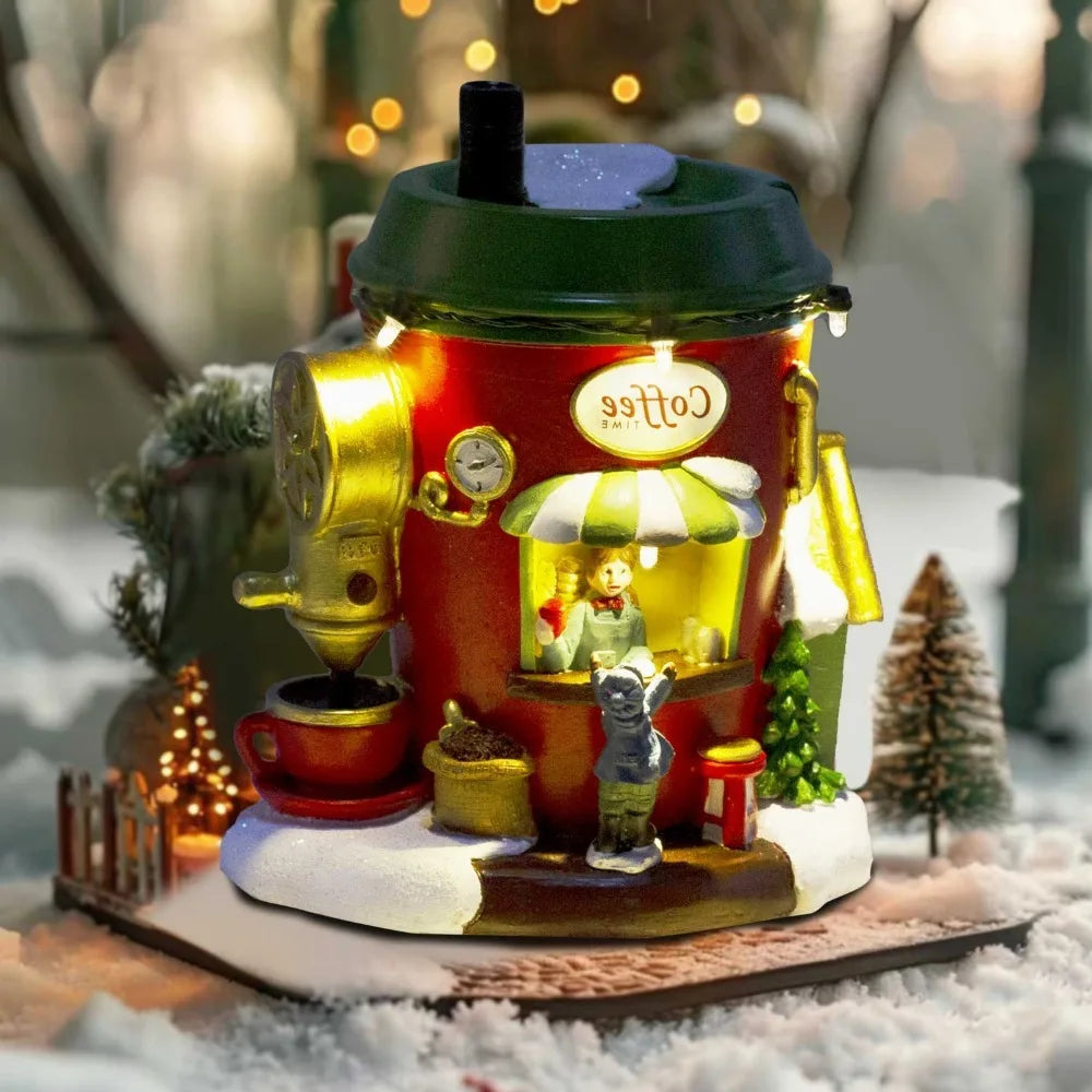 North Pole Coffee House Christmas Village with LED Lights and Figures | Handmade Resin Decorative House | Battery Operated 5.1×3.9×6.1 inches