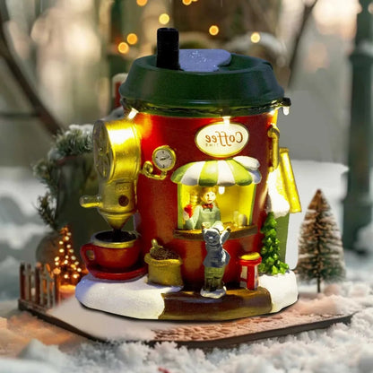 North Pole Coffee House Christmas Village with LED Lights and Figures | Handmade Resin Decorative House | Battery Operated 5.1×3.9×6.1 inches