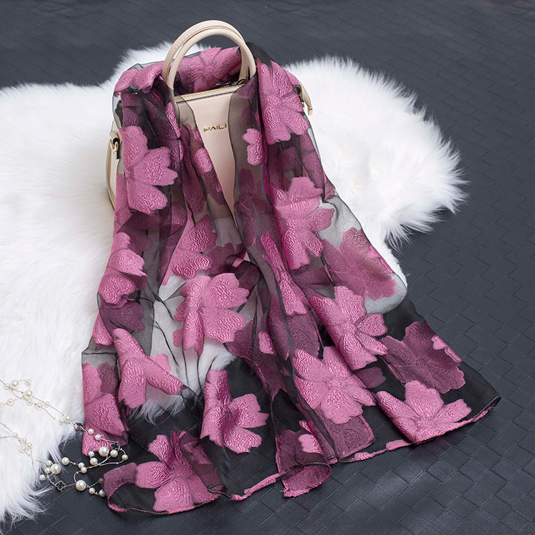 Silk Scarf Featuring Hollow Floral Design