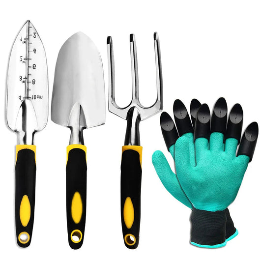 4-Piece Garden Tool Set | Stainless Steel Build | Includes Gloves | Ergonomic Handle Design