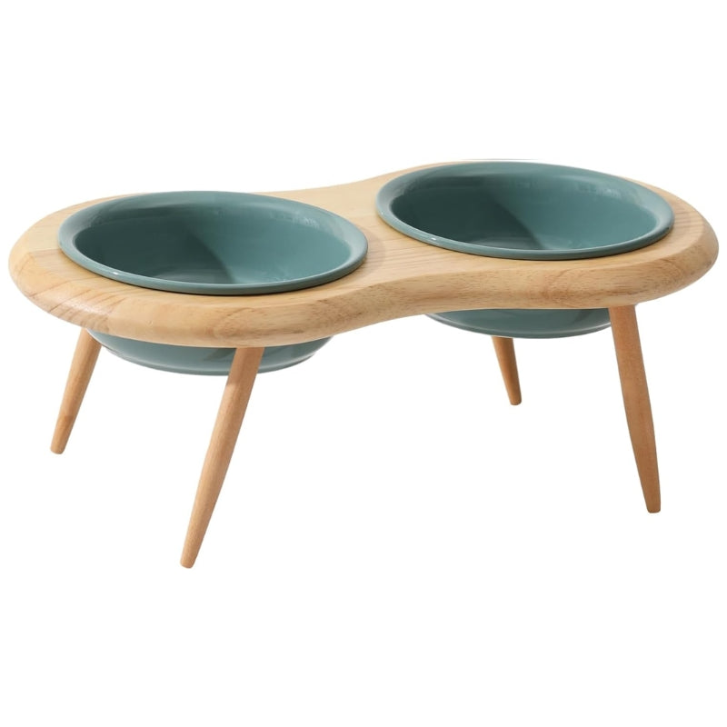 Ceramic Cat Bowl with Wooden Stand - Elevated Design