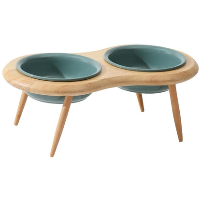 Ceramic Cat Bowl with Wooden Stand - Elevated Design
