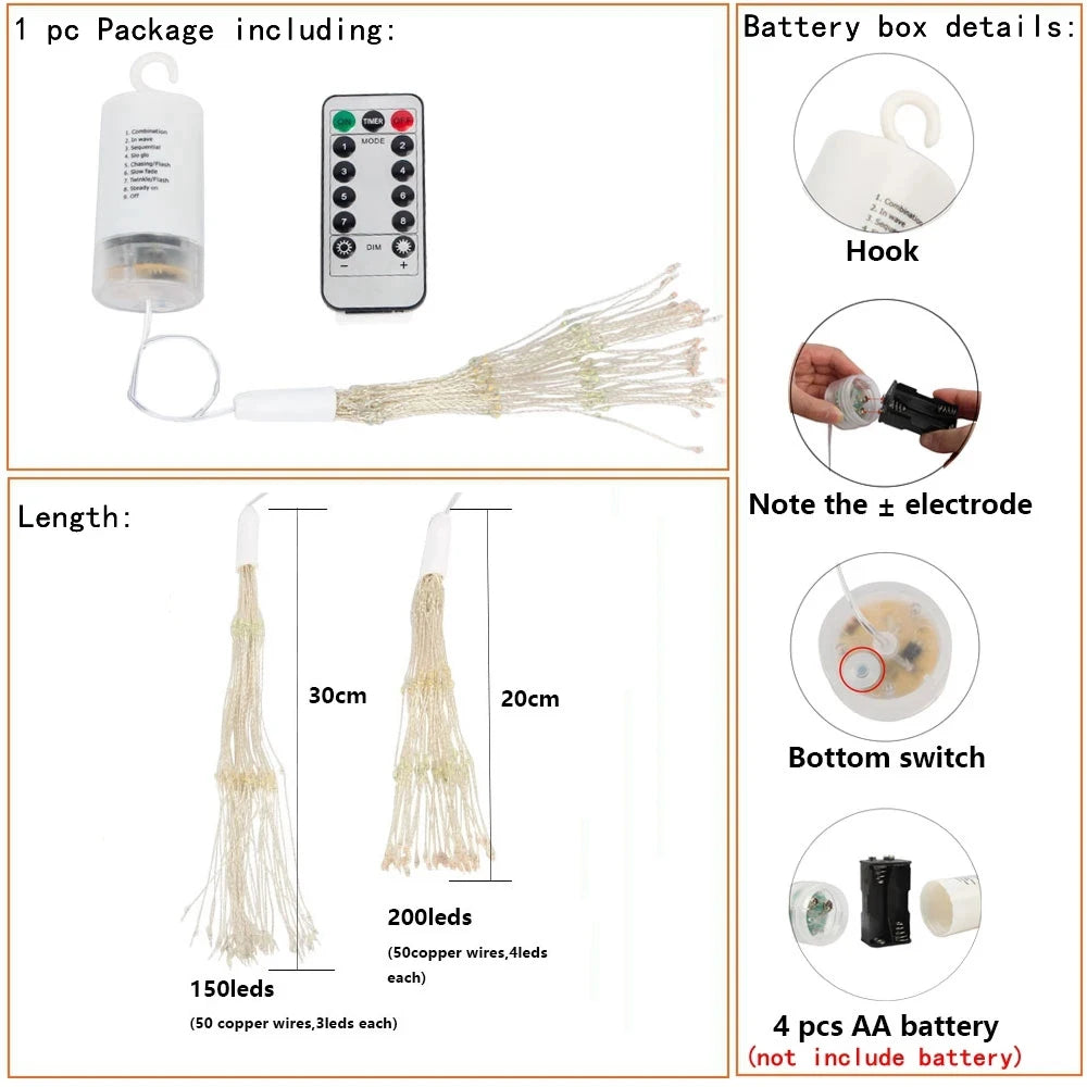 Waterproof LED Firework Lights with Remote – 150/200 LEDs, 8 Modes, Warm White, Cool White, Colorful or Blue