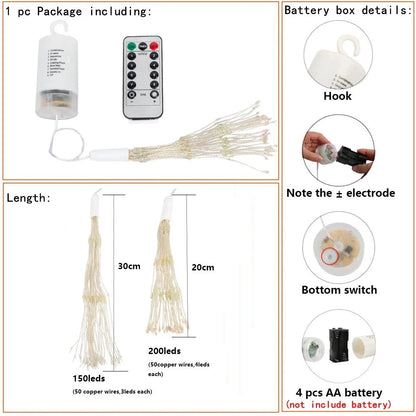 Waterproof LED Firework Lights with Remote – 150/200 LEDs, 8 Modes, Warm White, Cool White, Colorful or Blue