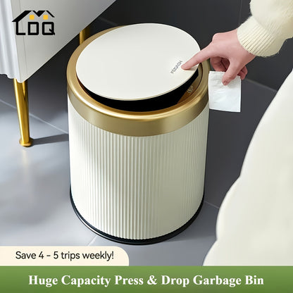 Oval Waste Bin with Gold Lid - Press Top Bathroom Trash Can