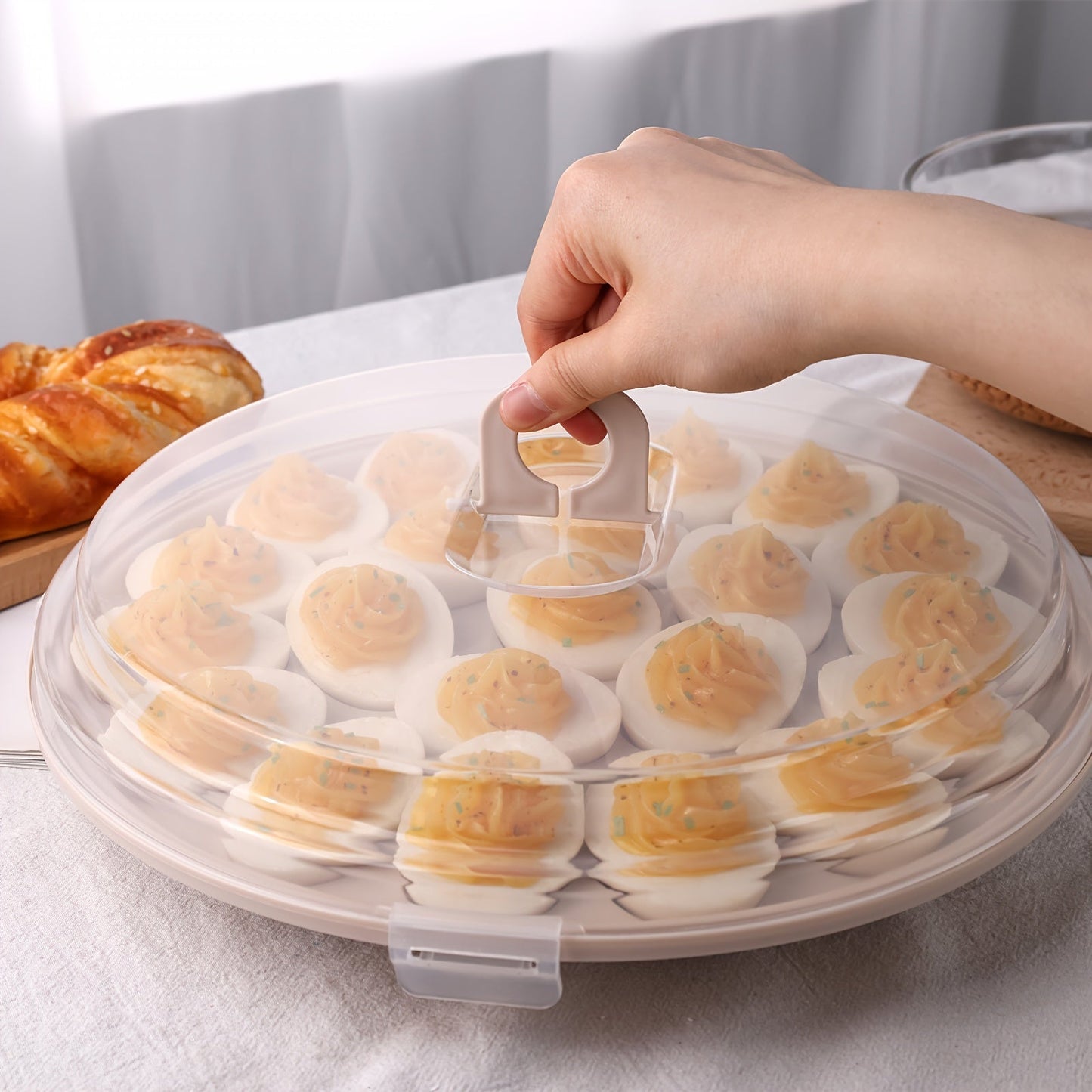 3-Piece Round Deviled Egg Serving Platters – Brown Carrier with Lid, Holds 22 Eggs