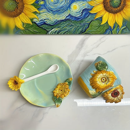 Ceramic Cup and Saucer Set – Hand-painted 3D Van Gogh Inspired Art