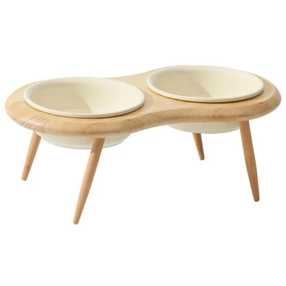Ceramic Cat Bowl with Wooden Stand - Elevated Design