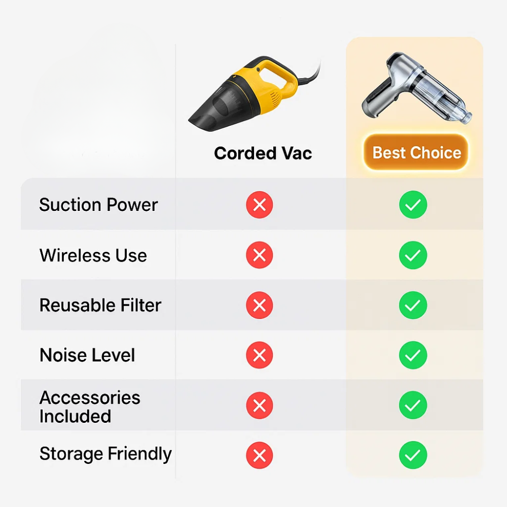Compact Cordless Car Vacuum with Powerful Suction and Attachments