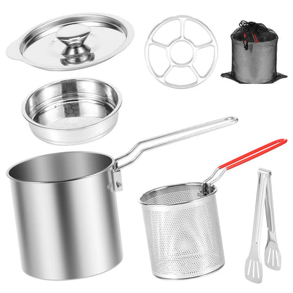 Deep Fryer Pot in Stainless Steel - Includes Strainer Basket and Handle