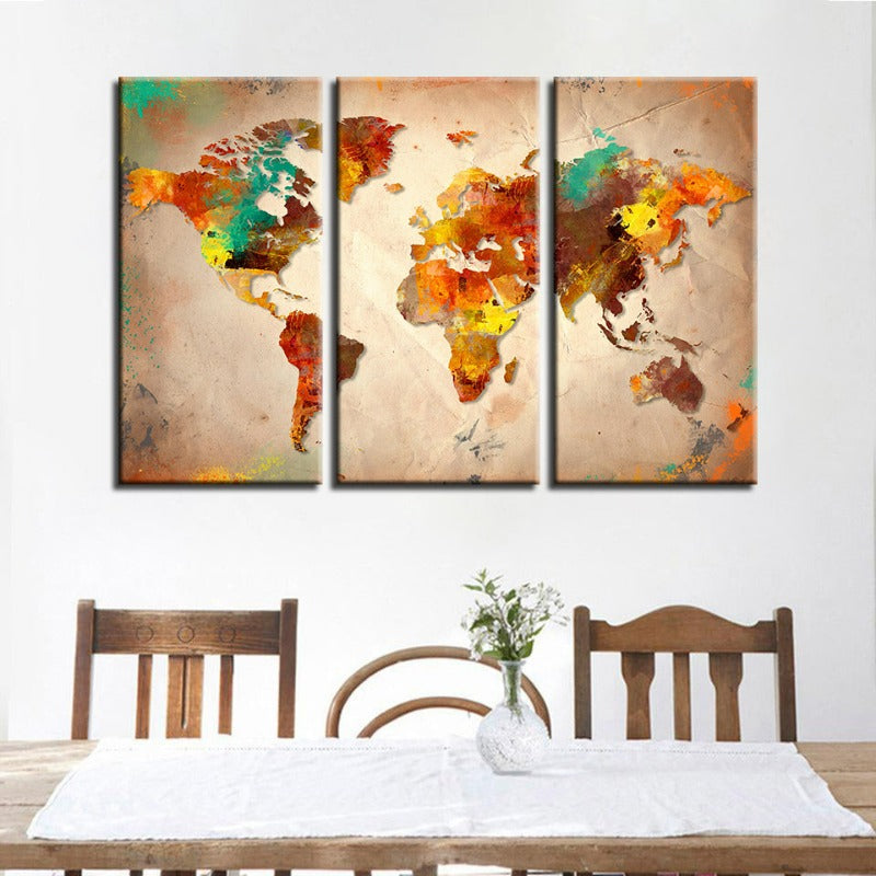 Set of 3 Canvas Wall Art - Colorful Abstract World Map