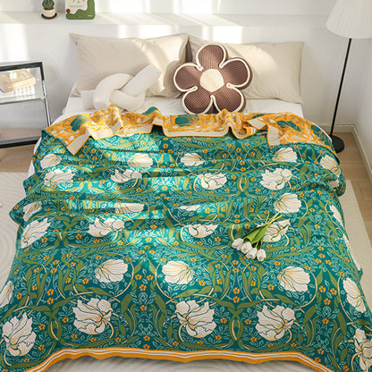 Serenity Green Floral Cotton Throw Blanket