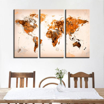 Set of 3 Abstract Canvas Wall Art - Brown World Map Design
