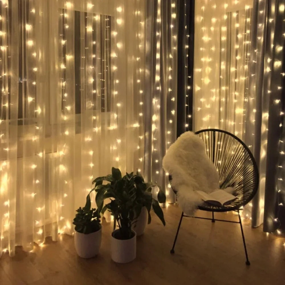 Warm White LED Fairy Curtain Lights with 8 Dynamic Modes for Relaxation