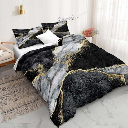 Luxurious Marble-Inspired Quilt Cover Set with Gold Accents
