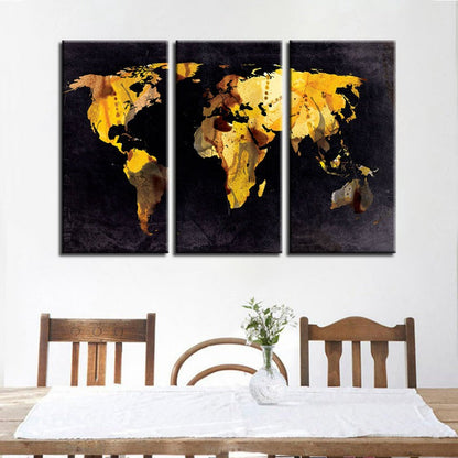 Set of 3 Canvas Art Prints - Yellow Leaf World Map Decor