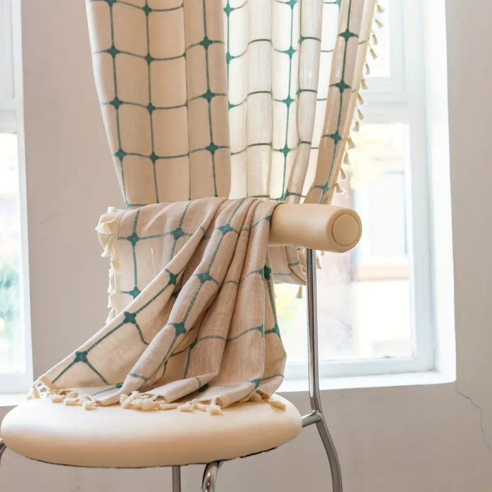 Aqua Geometric Tassel Window Drapes for Chic Interiors