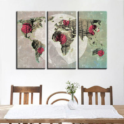 Abstract Pink Sun World Map Canvas Art Set - 3 Piece Wall Decor