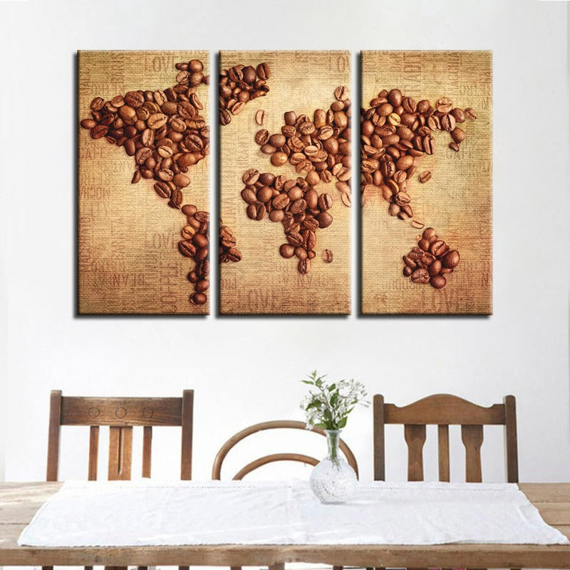 Set of 3 Canvas Art Pieces - Abstract World Map with Coffee Beans