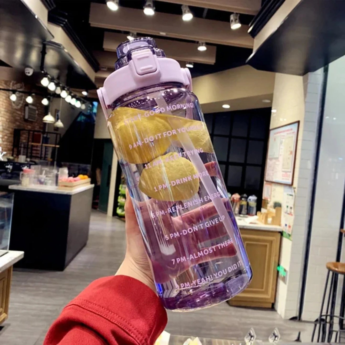 2L BPA-Free Water Bottle with Time Markers & Straw – 68oz Leakproof Hydration Tracker for Gym, Office, Travel