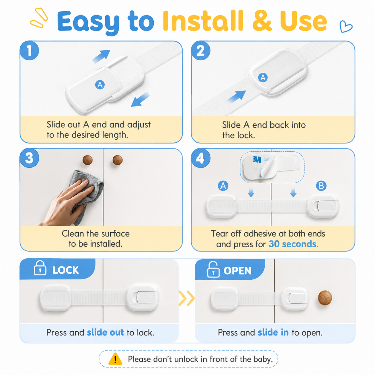 Child Safety Cabinet Locks Set of 10 with Adhesive Straps