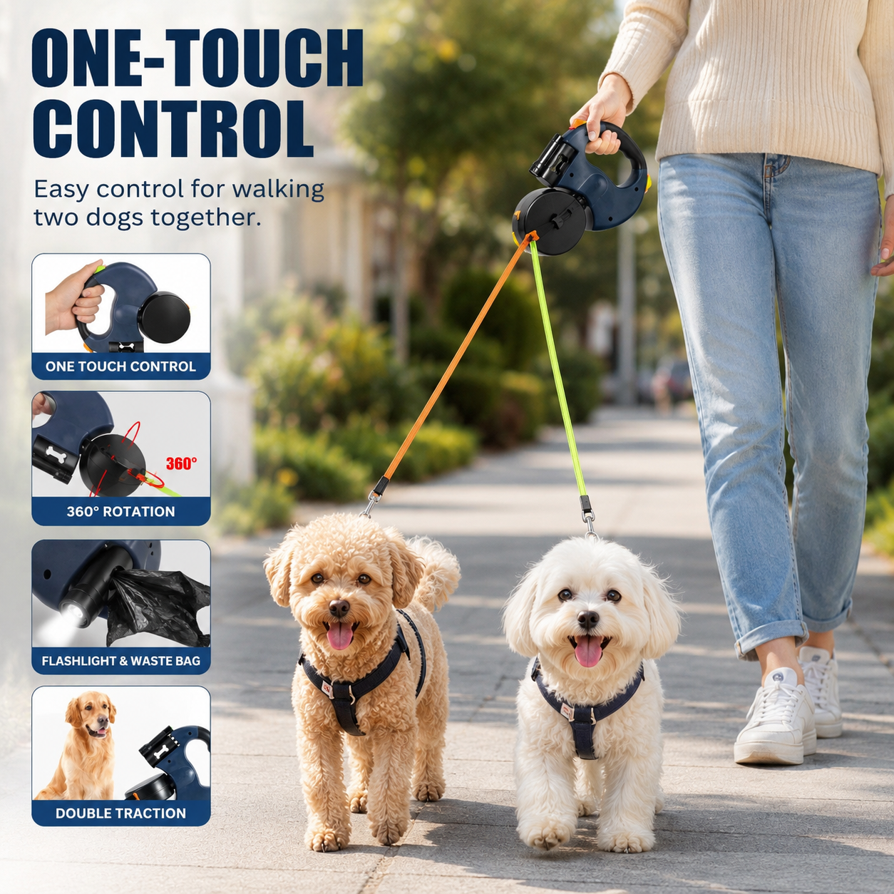 10-Foot Dual Retracting Leash for Dogs with Built-in Flashlight