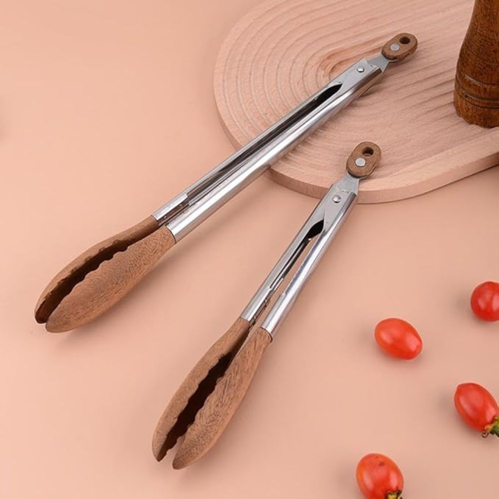 BBQ Tongs with Locking Mechanism and Wooden Handle – Stainless Steel