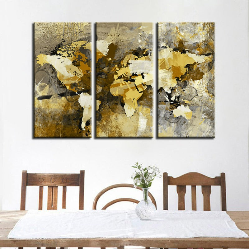 Abstract Yellow and Brown World Map Canvas Art Set of 3 Panels