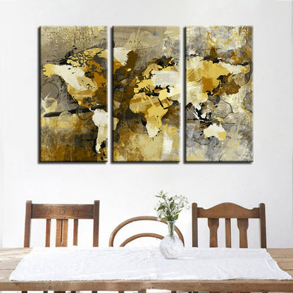 Abstract Yellow and Brown World Map Canvas Art Set of 3 Panels