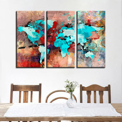 Abstract Canvas Art Set of 3 - Sea Blue and Red World Map Decor