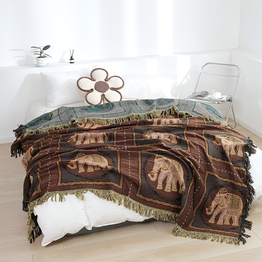 Charming Cotton Throw with Elephant Design and Tassels