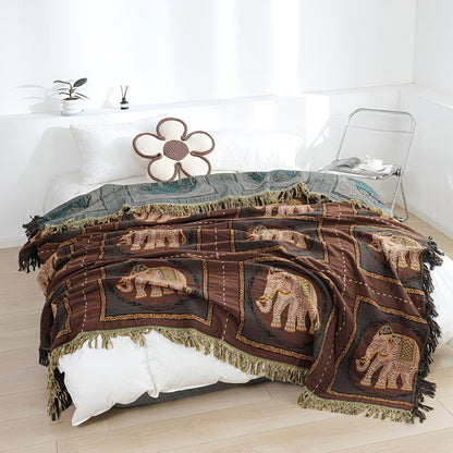 Charming Cotton Throw with Elephant Design and Tassels
