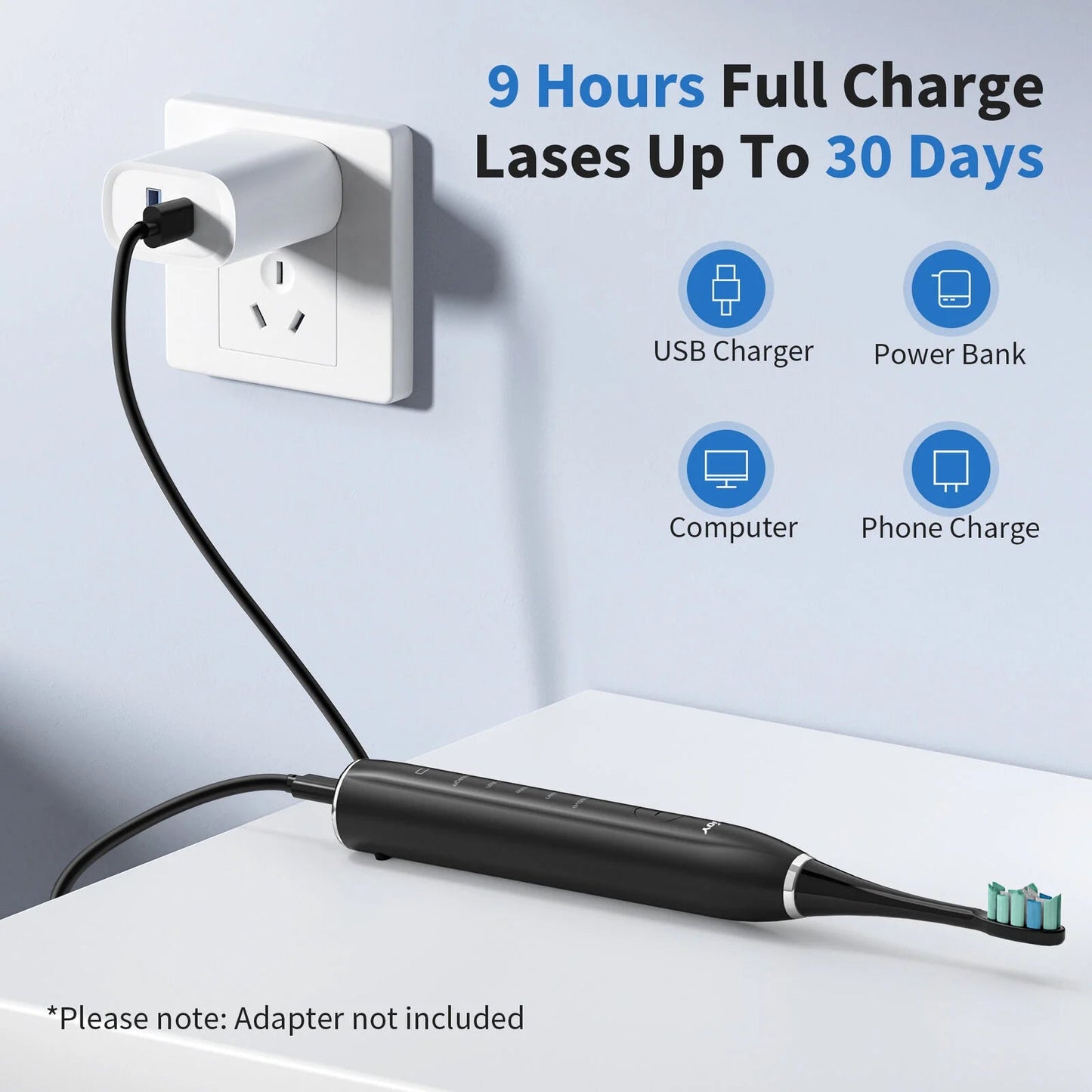 Deep Clean Sonic Toothbrush with 37,200 Vibrations/min | 5 Modes, 12 Heads, 30-Day Battery, Travel-Friendly Design