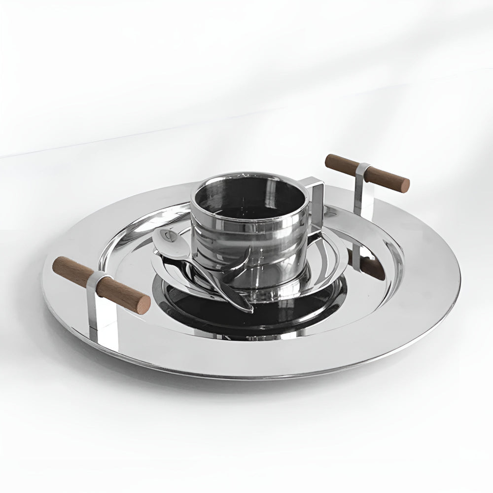Stylish Round Serving Tray with Wooden Grip Handles