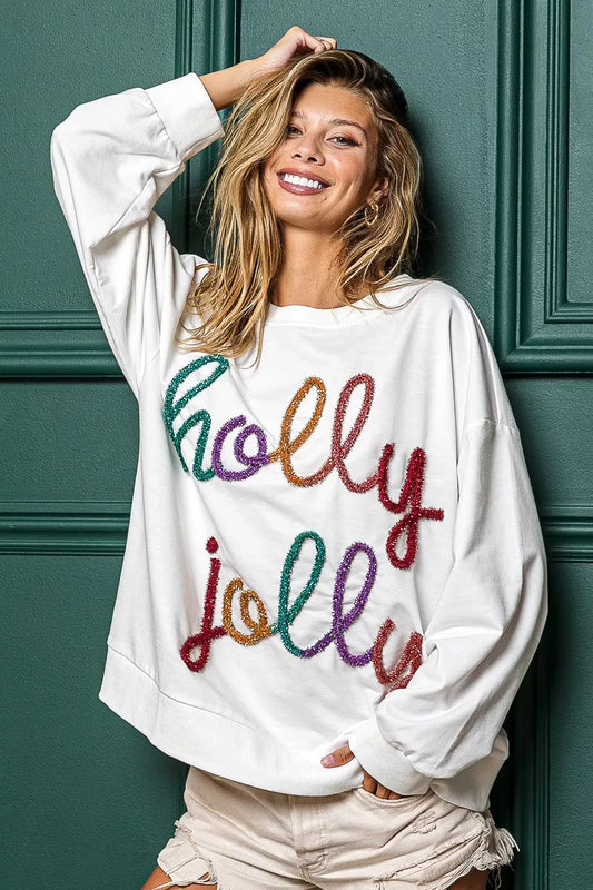 White Christmas Sweatshirt with Sequined "Holly Jolly" Design
