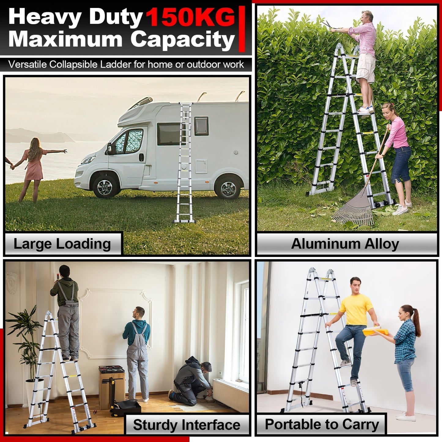 Folding Telescopic Ladder 5M with Wheels and Triangle Stabilizer
