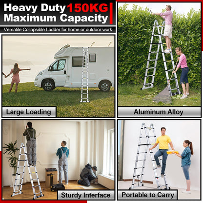 Folding Telescopic Ladder 5M with Wheels and Triangle Stabilizer