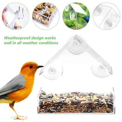 Window Bird Feeder with 3 Suction Cups | Clear Acrylic for Birdwatching | Open Design | Easy to Fill & Clean